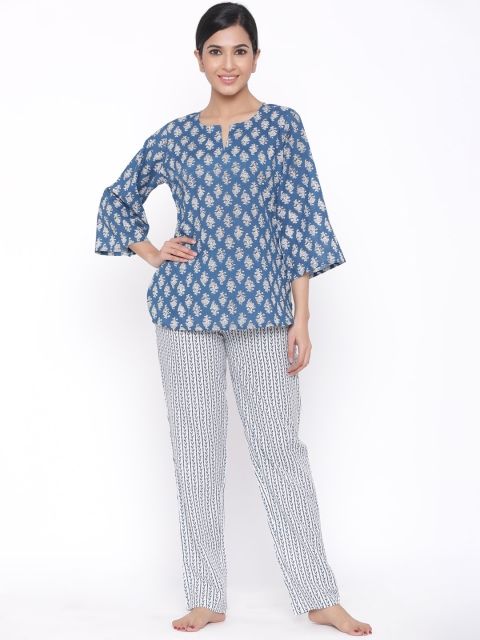 WomenMagic Women Blue & White Printed Night suit