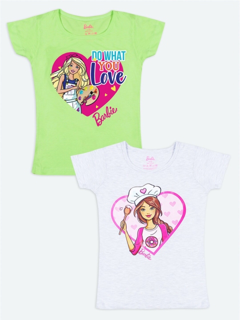 Barbie Pack Of 2 Girls Lime Green White 2 Barbie Printed Pure Cotton T-shirts