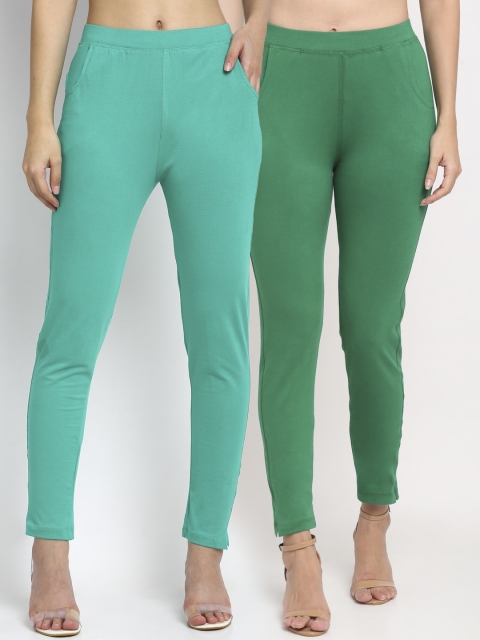 NEUDIS Women Pack Of 2 Solid Straight-Fit Ankle-Length Leggings, Green