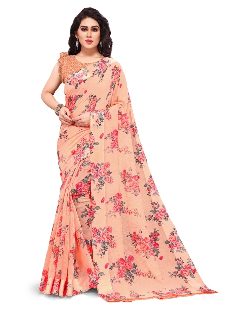 KALINI Peach & Pink Floral Polycotton Saree
