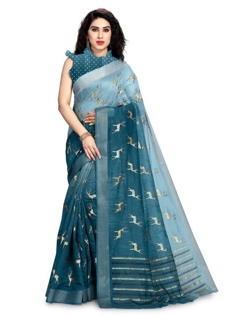 KALINI Turquoise Blue & Gold Embellished Block Print Saree