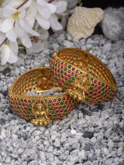 Alankruthi Set Of 2 Gold-Plated Pink & Green Kemu Stone-Studded Handcrafted Temple Bangles
Alankruthi Set Of 2 Gold-Plated Pink & Green Kemu Stone-Studded Handcrafted Temple Bangles