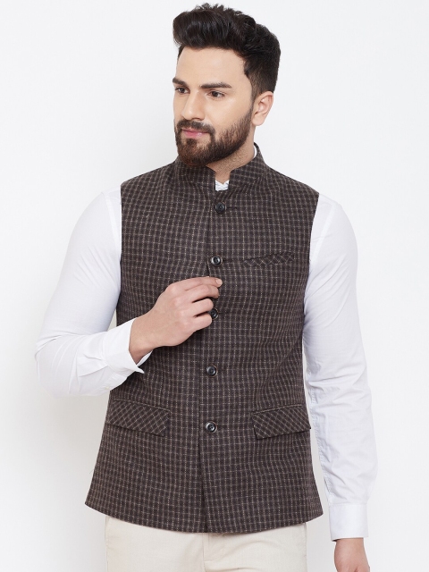 Spirit Men Coffee Brown & Beige Checked Woven Nehru Jacket