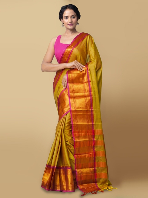 Unnati Silks Olive Green & Gold-Toned Silk Cotton Handloom Narayan Peth Saree