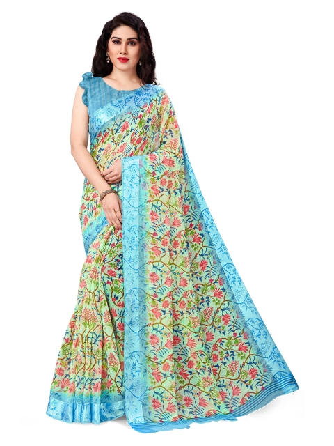 KALINI Women light blue & Green Floral Print Bagh Art Silk Saree