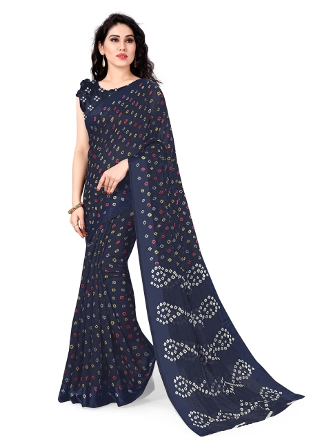 KALINI Women Navy Blue & Multi color Bandhani Print Poly cotton Saree