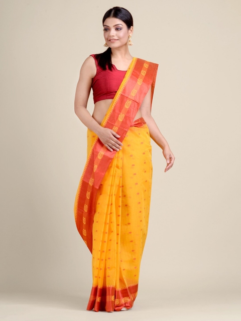 Charukriti Yellow & Red Woven Design Handloom Pure Cotton Taant Saree