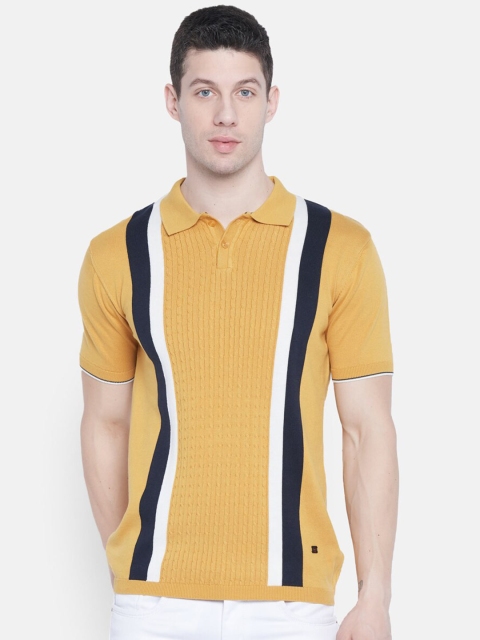 Monte Carlo Men Mustard Yellow & Navy Blue Striped Polo Collar Cotton T-shirt