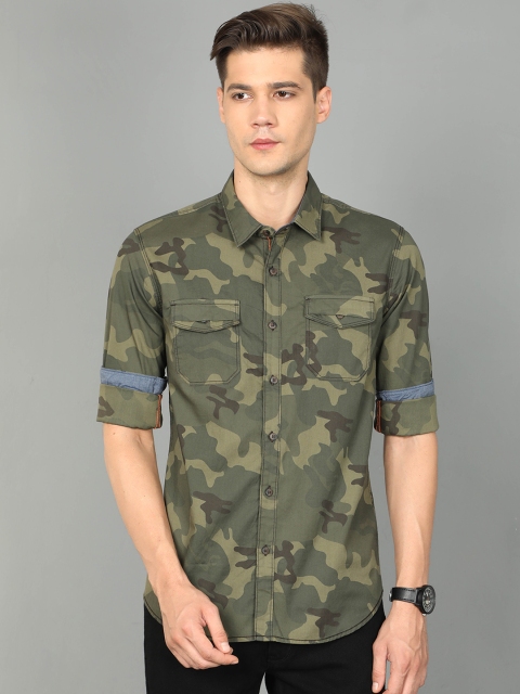 HERE&NOW Men Olive Green Slim Fit Printed Casual Shirt