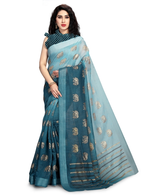 KALINI Turquoise Blue & Gold Embellished Block Print Saree
