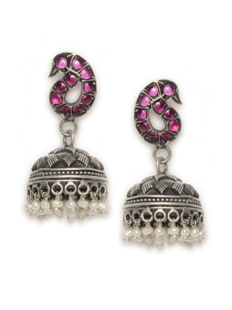 Fabindia Silver-Toned & Pink Dome Shaped Jhumkas Earrings