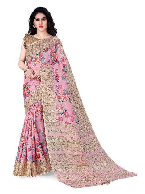 KALINI Women Pink & Beige Floral Print Bagh Art Silk Saree