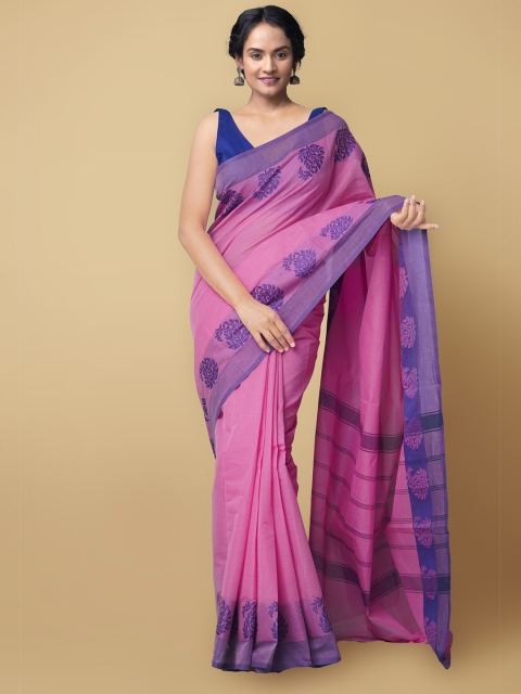 Unnati Silks Pink & Blue Pure Cotton Handloom Chettinad Saree