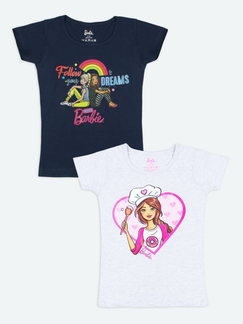 Barbie Girls Navy Blue & Grey Melange Pack of 2 Barbie Printed T-shirt