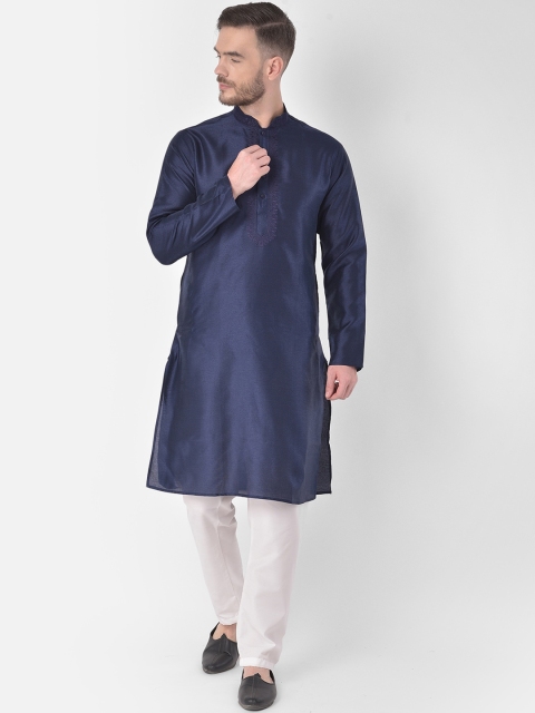 SG LEMAN Men Navy Blue Raw Silk Kurta with Pyjamas