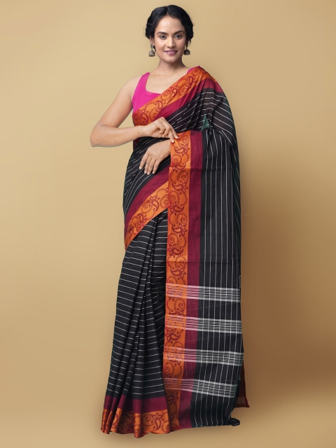 Unnati Silks Black & Red Striped Zari Pure Cotton Handloom Chettinad Saree
