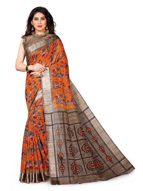 KALINI Women Orange & Brown Printed Cotton Saree