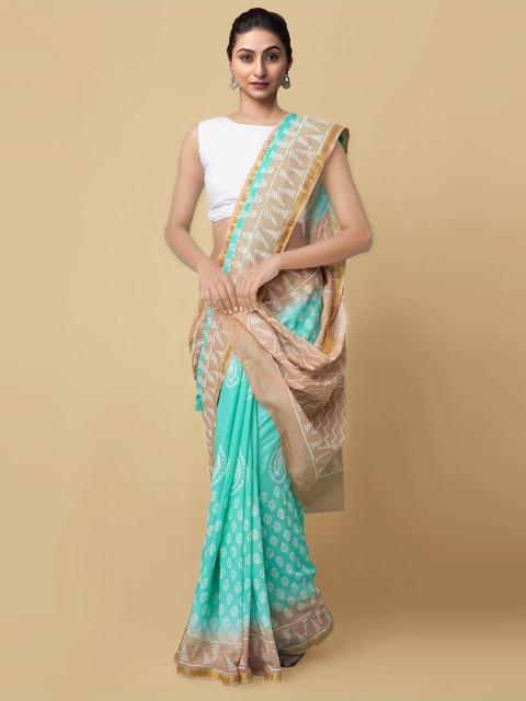 Unnati Silks Sea Green & Brown Ethnic Motifs Pure Cotton Hand Block Print Saree