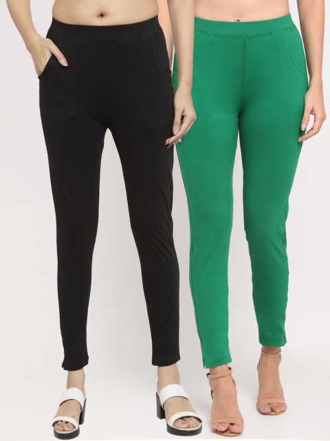 NEUDIS Women Pack Of 2 Solid Straight-Fit Ankle-Length Leggings, Green