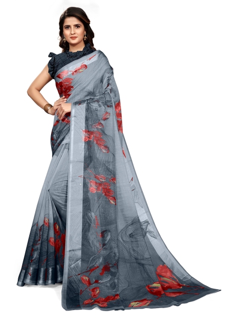 KALINI Women Grey & Red Floral Print Bagh Saree With Unstitched Blouse