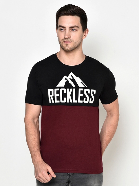 ELEGANCE Men Maroon Typography Colourblocked T-shirt