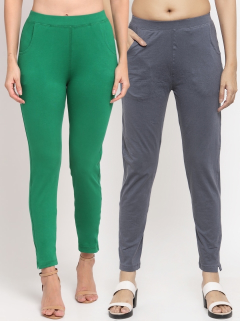 NEUDIS Women Pack Of 2 Solid Ankle-Length Leggings, Green
