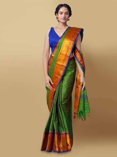 Unnati Silks Green & Maroon Zari Silk Cotton Handloom Narayan Peth Saree