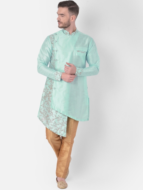 SG LEMAN Men Turquoise Blue Angrakha Raw Silk Kurta with Trousers