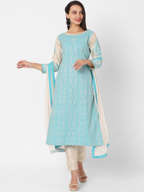 SALWAR STUDIO Women Blue Embroidered Kurta with Trousers & With Dupatta