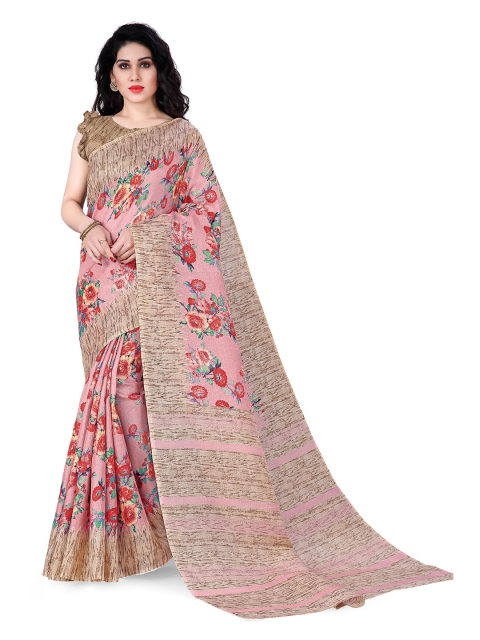 KALINI Women Peach & Beige Floral Print Bagh Art Silk Saree