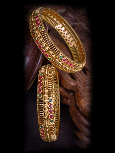 Alankruthi Set Of 2 Gold-Plated Pink & Green Stone-Studded Handcrafted Bangles