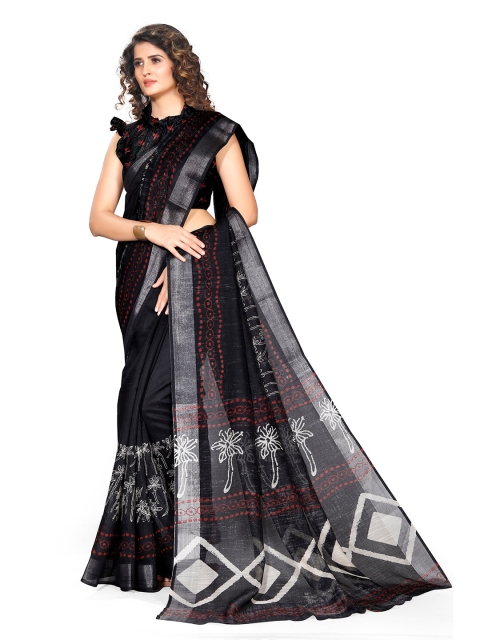 KALINI Women Black & White Printed Cotton Saree