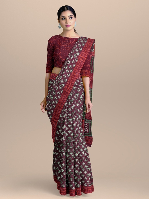 BharatSthali Maroon & Green Floral Pure Cotton Block Print Saree