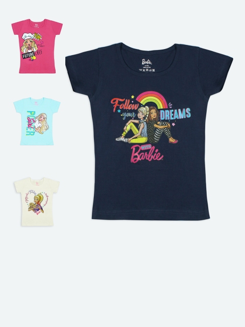 Barbie Girls Pack Of 4 Barbie Printed Cotton Pure Cotton T-shirts, Navy blue