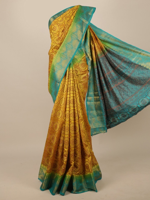 Pothys Yellow & Turquoise Blue Floral Zari Jute Silk Saree