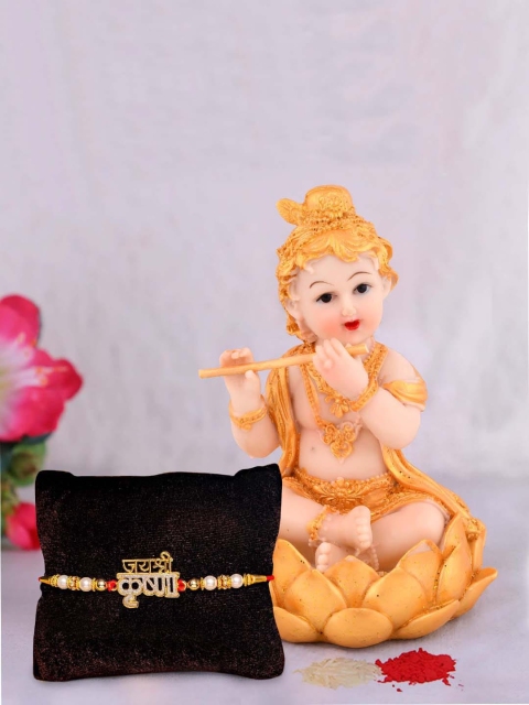 TIED RIBBONS Gold-Toned & White Krishna Idol Rakhi Gift Set