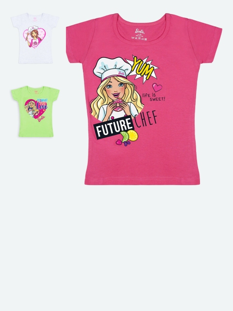 Barbie Girls Pack Of 3 Green & White Barbie Printed T-Shirts, Pink