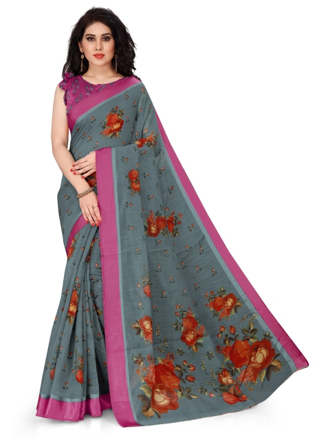 KALINI Grey & Pink Floral Bagh Saree