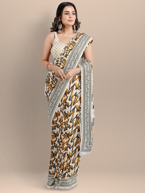 BharatSthali Cream-Coloured & Yellow Pure Cotton Block Print Saree