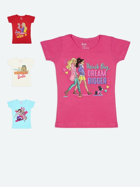 Barbie Girls Set of 4 Multicoloured Printed Pure Cotton T-shirts, Multi