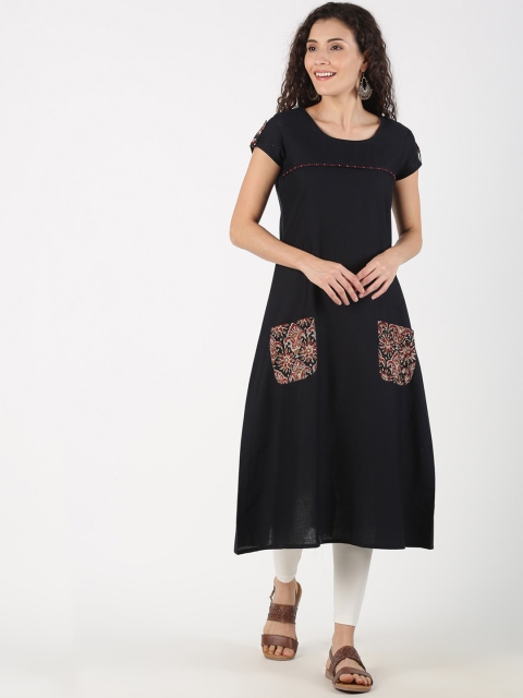 Saffron Threads Women Black Pocket Details A-line Kurta