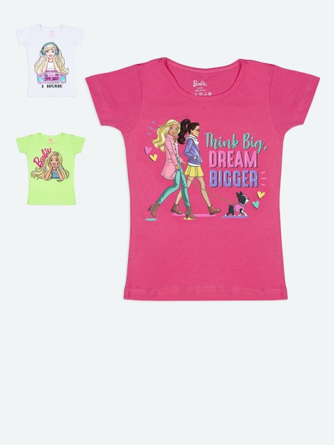 Barbie Girls Set of 3 Multicoloured Printed Pure Cotton T-shirts, Multi