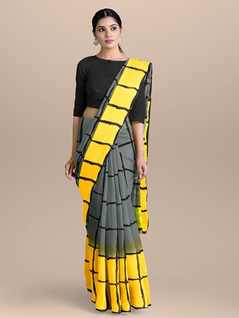 BharatSthali Grey & Yellow Checked Pure Cotton Block Print Saree