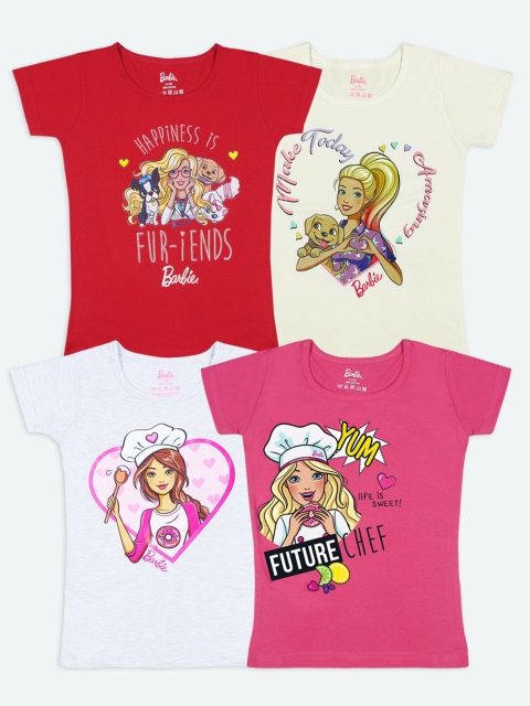 Barbie Girls Set of 4 Multicoloured Graphic Printed Pure Cotton T-shirt, Red