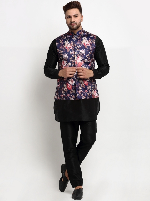 Benstoke Men Black Dupion Silk Kurta with Pyjamas & Nehru Jacket