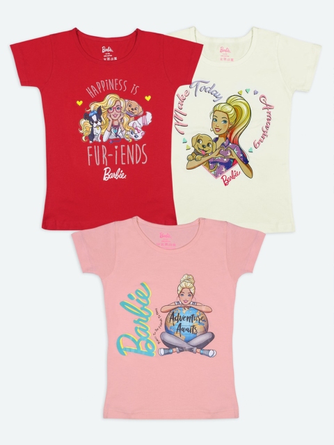 Barbie Girls Multicoloured 3 Printed Round Neck T-shirt, Multi