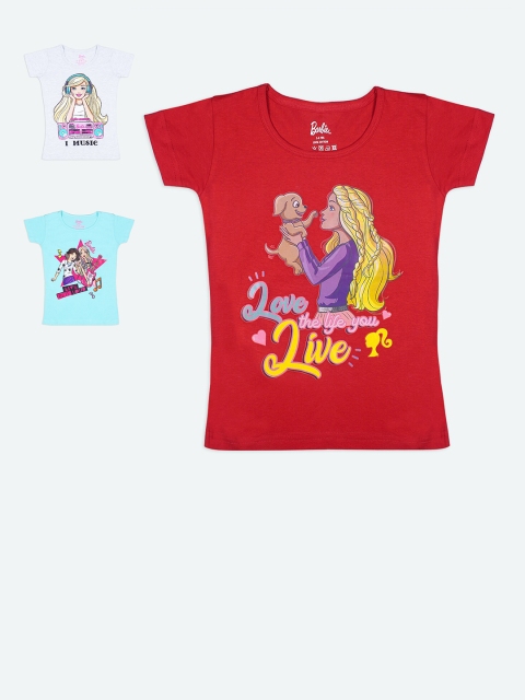 Barbie Girls Pack of 3 Multicoloured Barbie Printed Cotton T-shirts, Multi