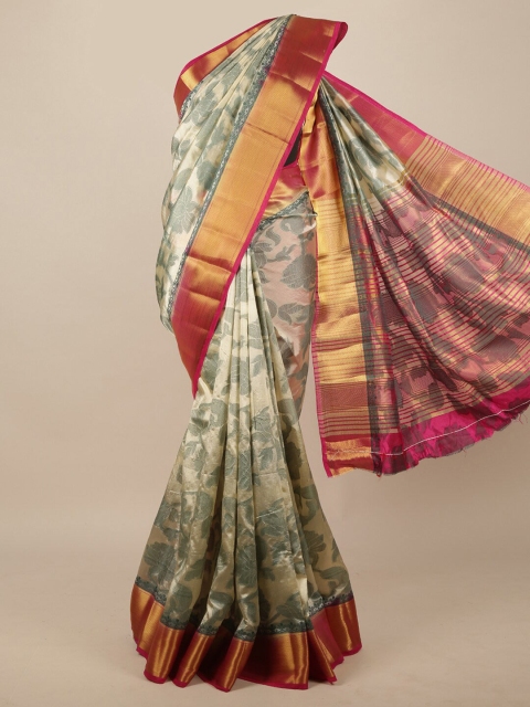 Pothys Cream-Coloured & Gold-Toned Woven Design Jute Silk Saree