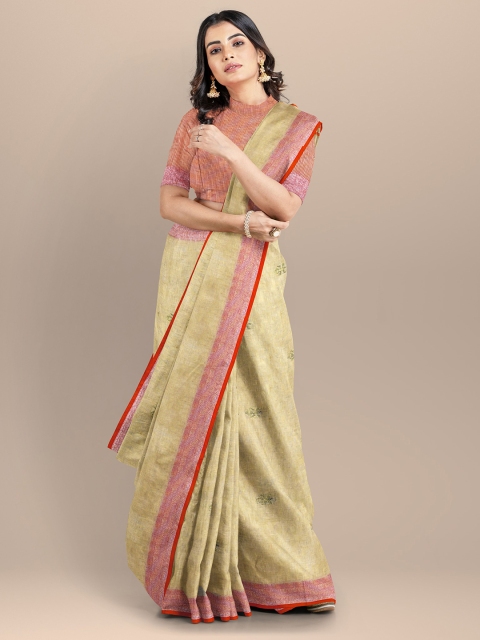 BharatSthali Beige & Orange Woven Design Zari Pure Linen Jamdani Saree