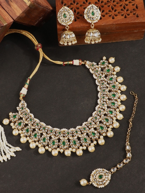ANIKAS CREATION Gold-Plated Green Stone & Beads-Studded Jewellery Set